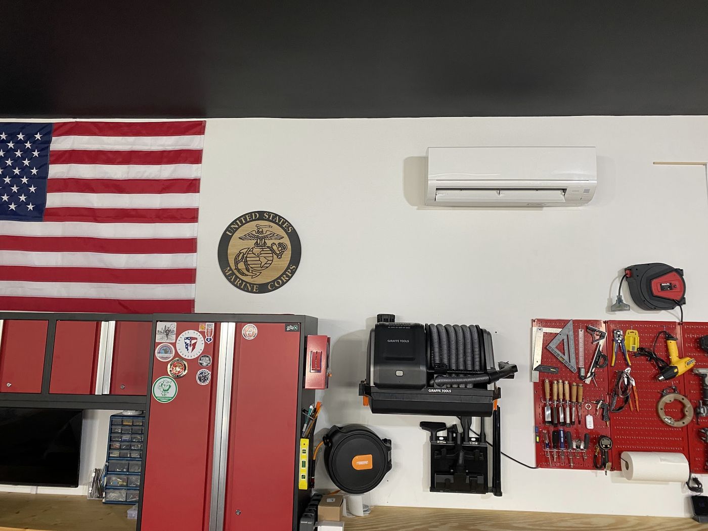 Ductless mini-split head mounted in a finished garage